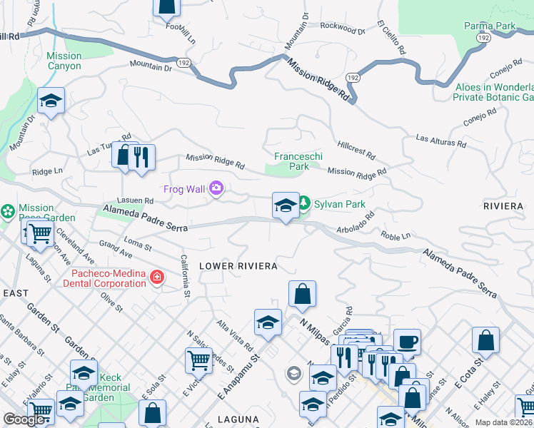 map of restaurants, bars, coffee shops, grocery stores, and more near 1446-1510 Dover Road in Santa Barbara