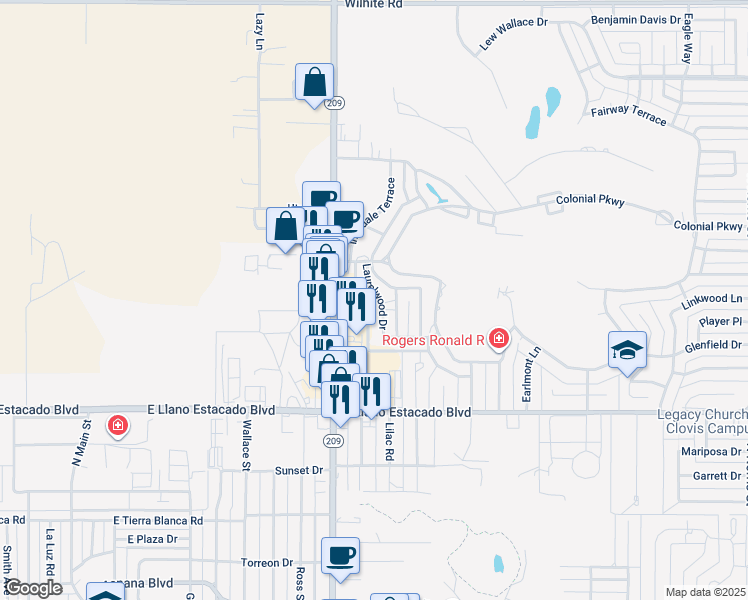map of restaurants, bars, coffee shops, grocery stores, and more near 1005 Fairway Terrace in Clovis