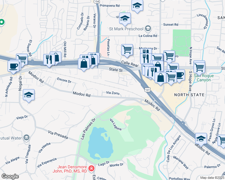 map of restaurants, bars, coffee shops, grocery stores, and more near 4025 State Street in Santa Barbara