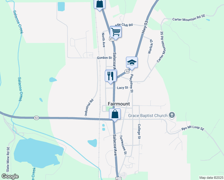 map of restaurants, bars, coffee shops, grocery stores, and more near 2597 U.S. 411 in Fairmount