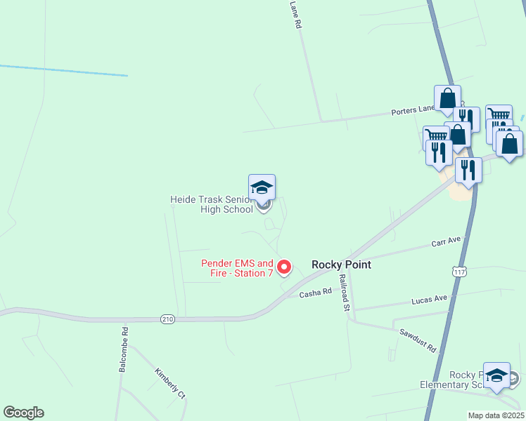map of restaurants, bars, coffee shops, grocery stores, and more near 14328 North Carolina 210 in Rocky Point