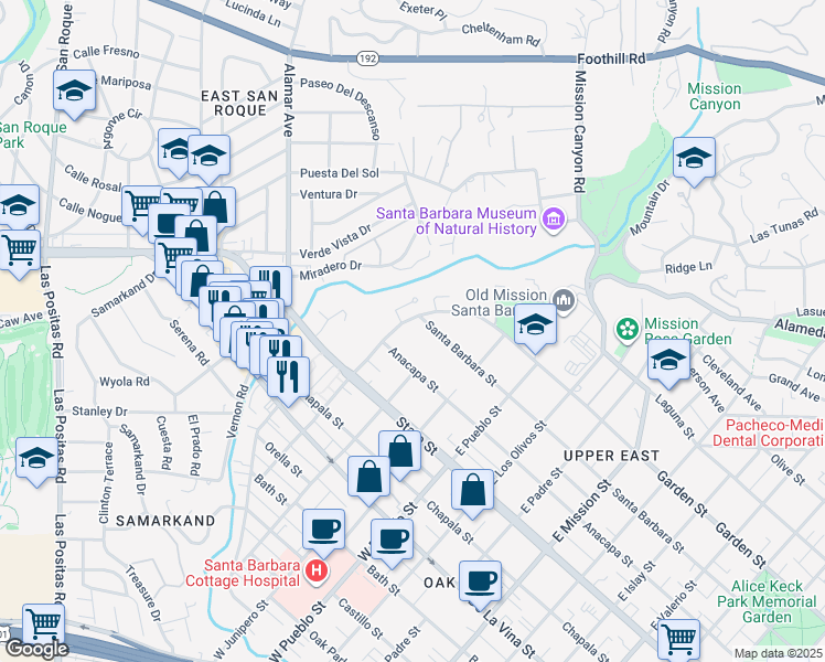 map of restaurants, bars, coffee shops, grocery stores, and more near 232 Constance Lane in Santa Barbara