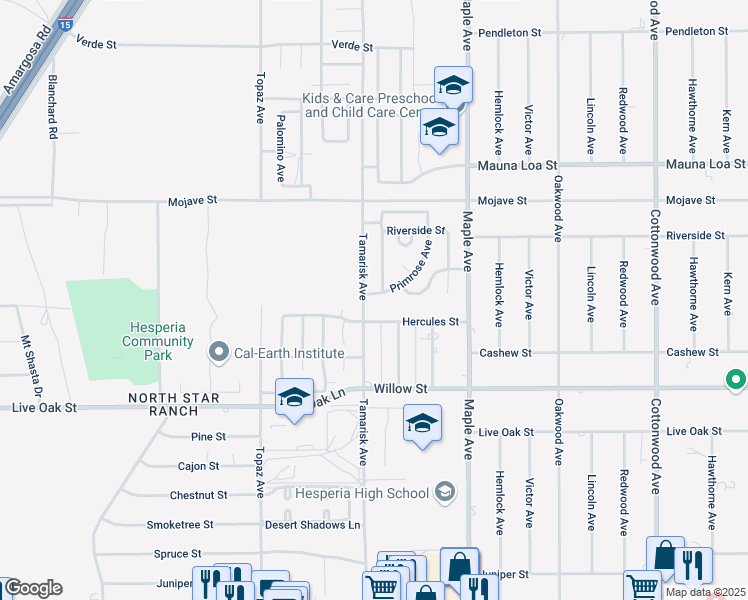 map of restaurants, bars, coffee shops, grocery stores, and more near 14313 Primrose Avenue in Hesperia