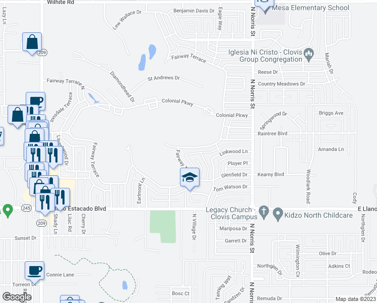 map of restaurants, bars, coffee shops, grocery stores, and more near 1801 Fairway Terrace in Clovis