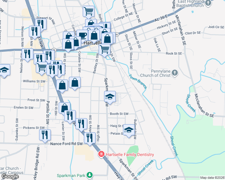 map of restaurants, bars, coffee shops, grocery stores, and more near 726 Sparkman Street Southwest in Hartselle