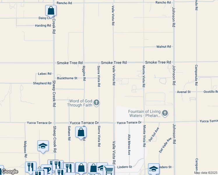 map of restaurants, bars, coffee shops, grocery stores, and more near Valle Vista Road in Phelan