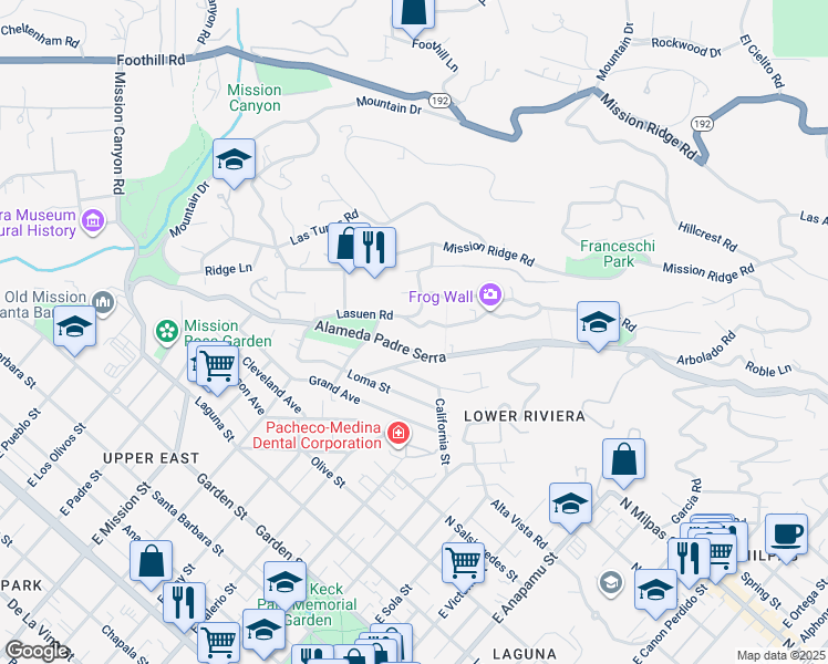 map of restaurants, bars, coffee shops, grocery stores, and more near 1724 Paterna Road in Santa Barbara