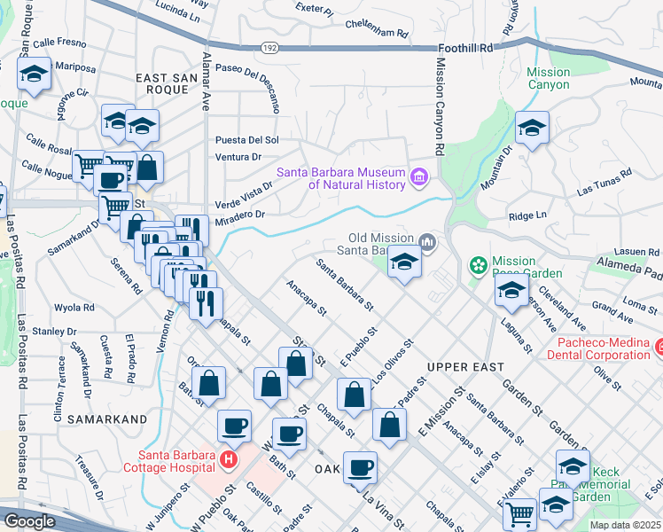 map of restaurants, bars, coffee shops, grocery stores, and more near 2446 Garden Street in Santa Barbara