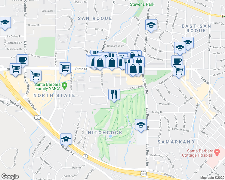 map of restaurants, bars, coffee shops, grocery stores, and more near 3523 San Pablo Lane in Santa Barbara