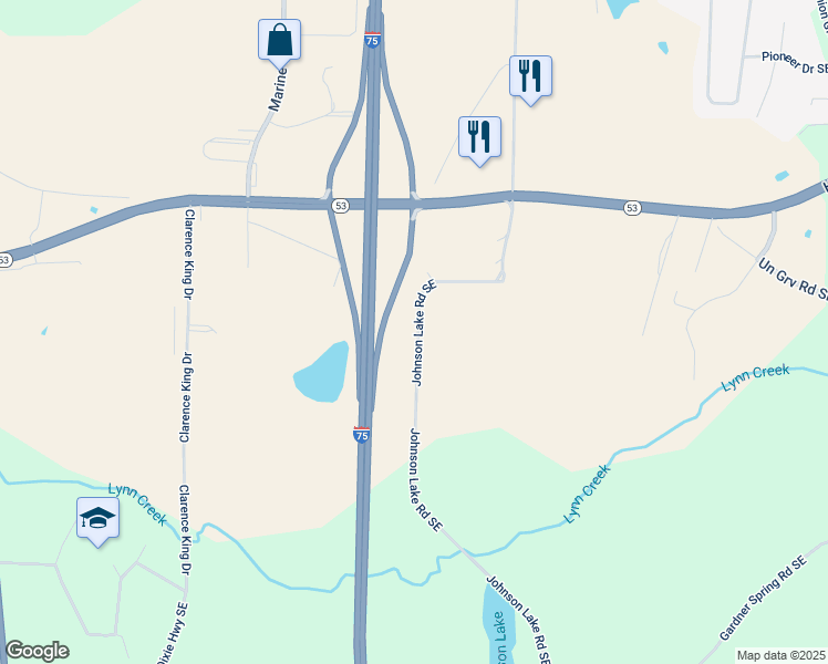 map of restaurants, bars, coffee shops, grocery stores, and more near 237 Johnson Lake Road Southeast in Adairsville