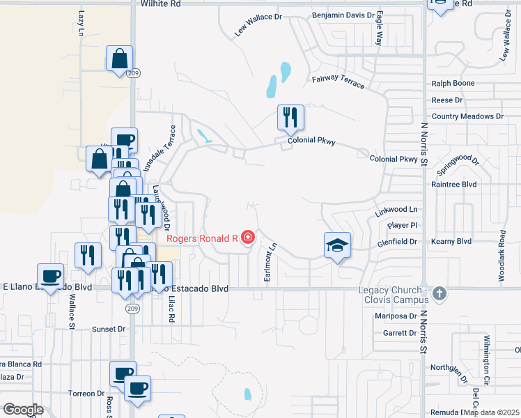 map of restaurants, bars, coffee shops, grocery stores, and more near 1400 Fairway Terrace in Clovis