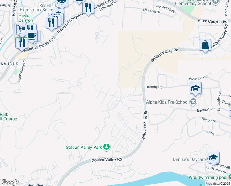 map of restaurants, bars, coffee shops, grocery stores, and more near 27636 Camellia Drive in Santa Clarita