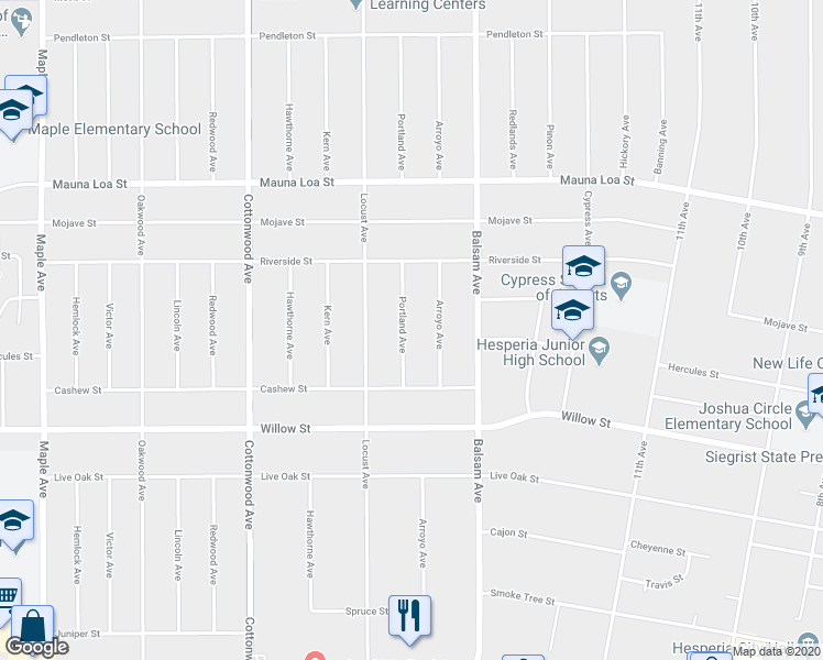 map of restaurants, bars, coffee shops, grocery stores, and more near 10311 Portland Avenue in Hesperia