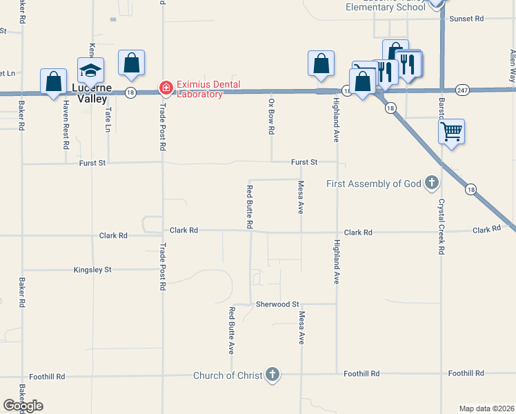 map of restaurants, bars, coffee shops, grocery stores, and more near Red Butte Road in Lucerne Valley