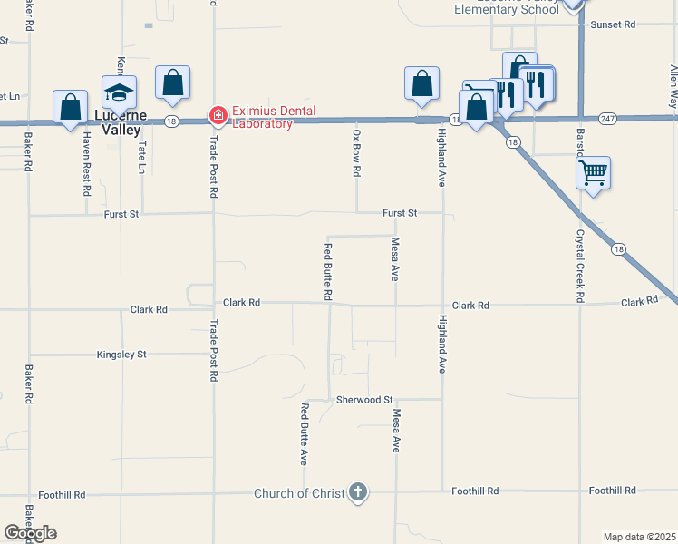 map of restaurants, bars, coffee shops, grocery stores, and more near Red Butte Road in Lucerne Valley