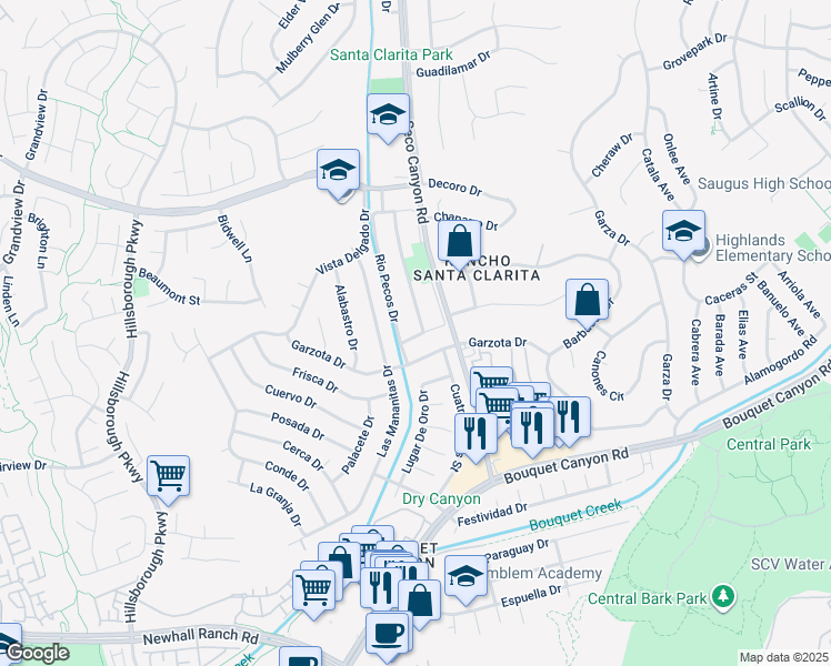 map of restaurants, bars, coffee shops, grocery stores, and more near 27003 Rio Prado Drive in Santa Clarita