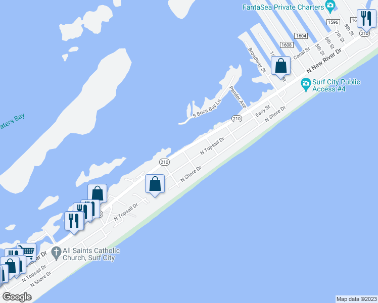 map of restaurants, bars, coffee shops, grocery stores, and more near 1204 North New River Drive in Surf City