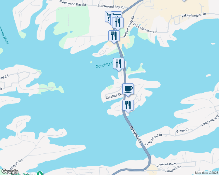 map of restaurants, bars, coffee shops, grocery stores, and more near 120 Catalina Circle in Lake Hamilton