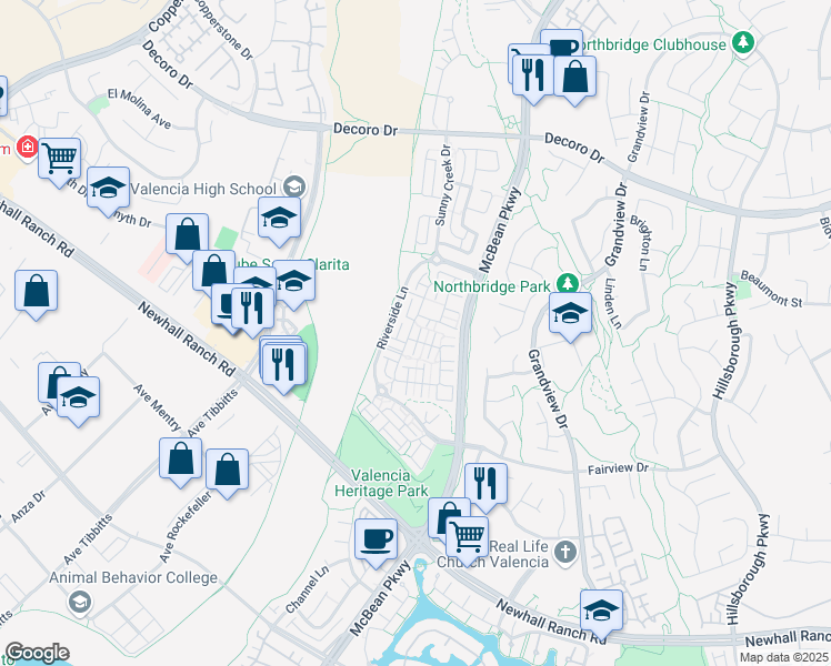 map of restaurants, bars, coffee shops, grocery stores, and more near 27414 Coldwater Drive in Santa Clarita