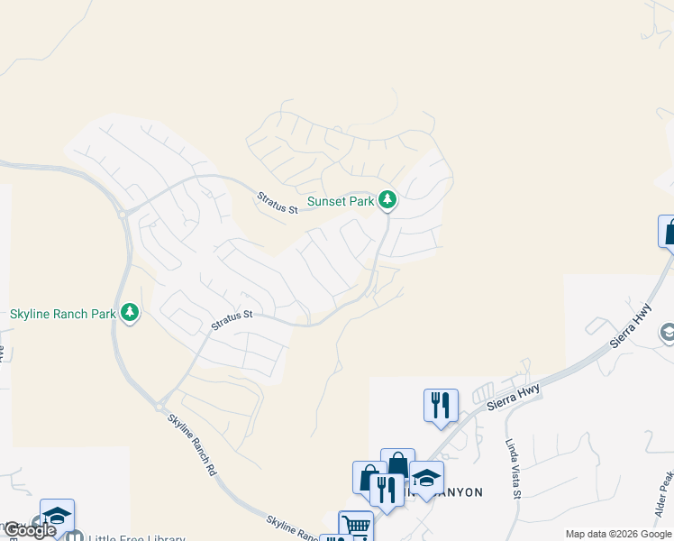 map of restaurants, bars, coffee shops, grocery stores, and more near 28516 Songbird Way in Santa Clarita