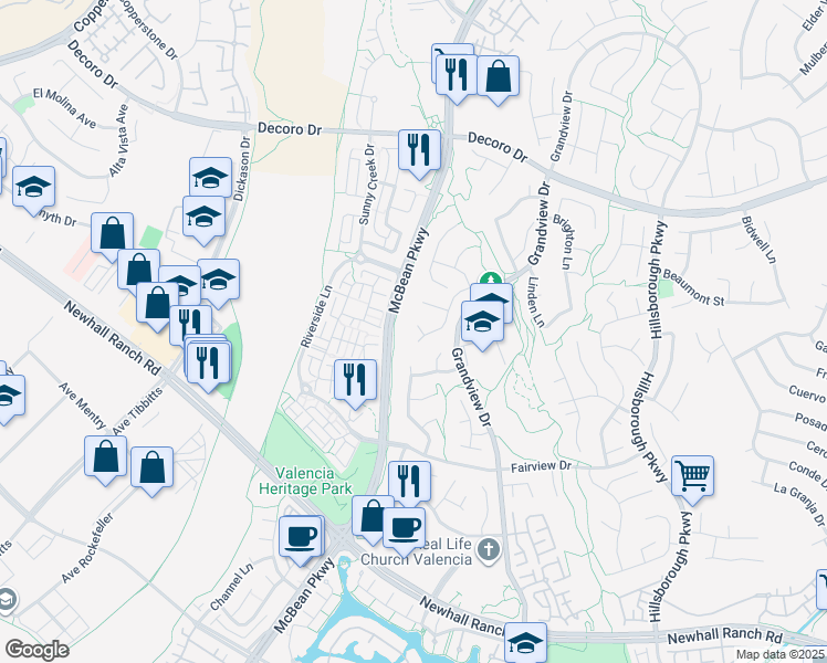 map of restaurants, bars, coffee shops, grocery stores, and more near 23908 Gilford Place in Santa Clarita