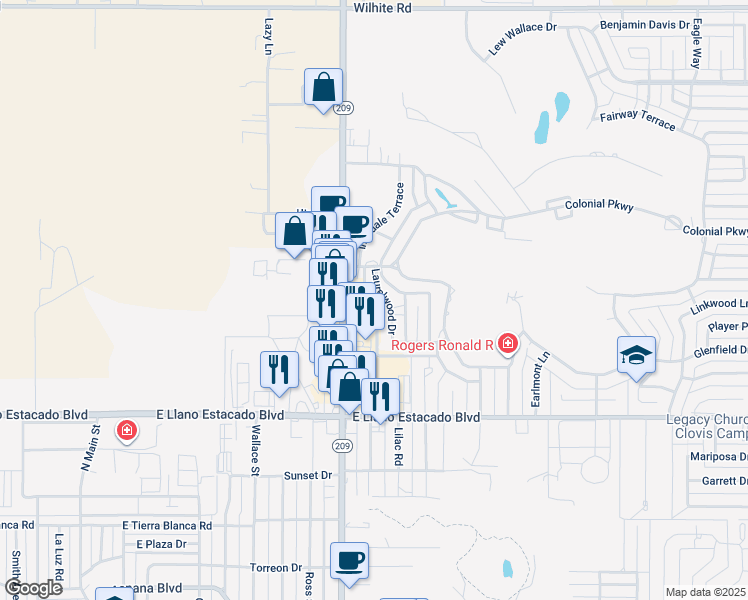 map of restaurants, bars, coffee shops, grocery stores, and more near 714 Laurelwood Drive in Clovis