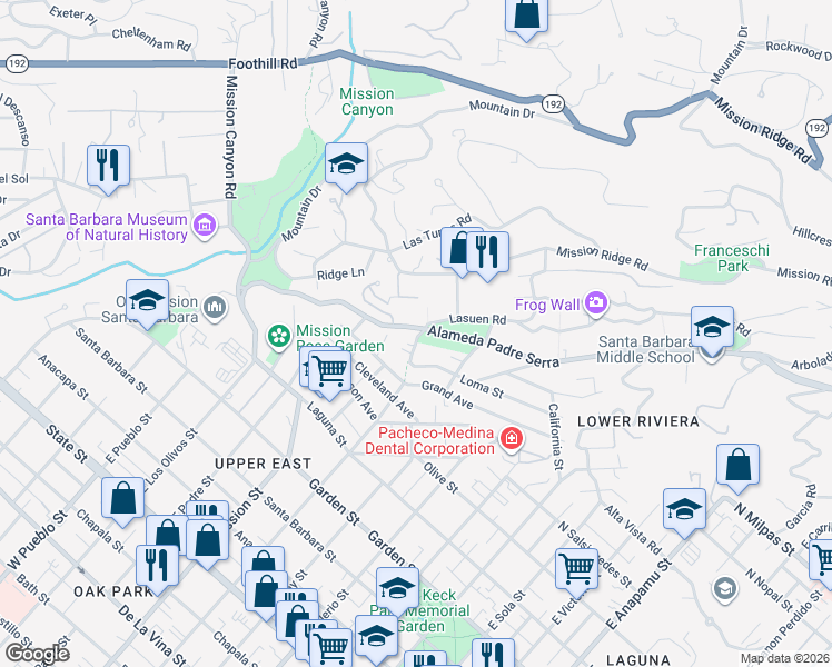 map of restaurants, bars, coffee shops, grocery stores, and more near 1905 Alameda Padre Serra in Santa Barbara