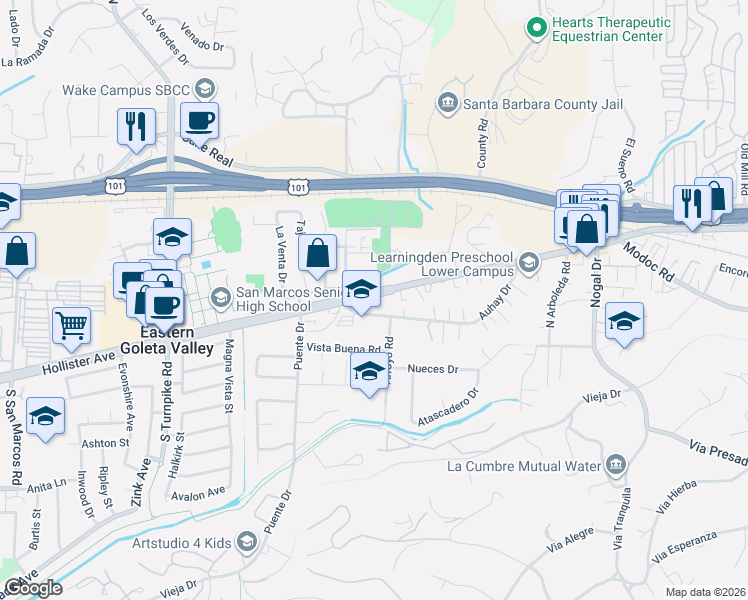 map of restaurants, bars, coffee shops, grocery stores, and more near 4603-4611 Hollister Ave in Goleta