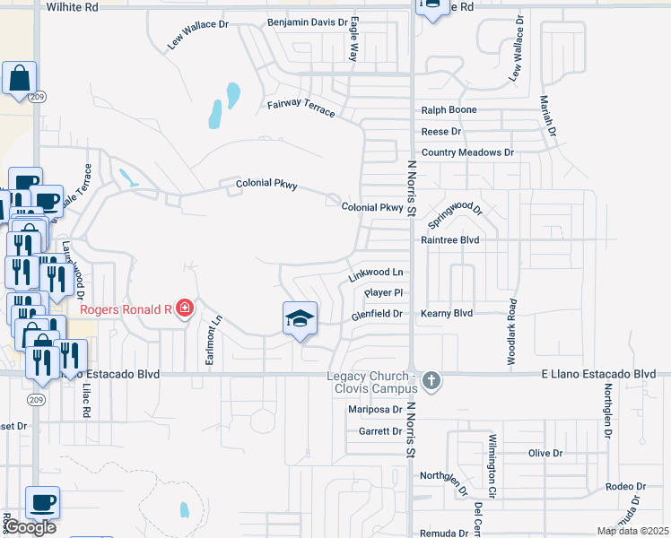 map of restaurants, bars, coffee shops, grocery stores, and more near 1825 Fairway Terrace in Clovis