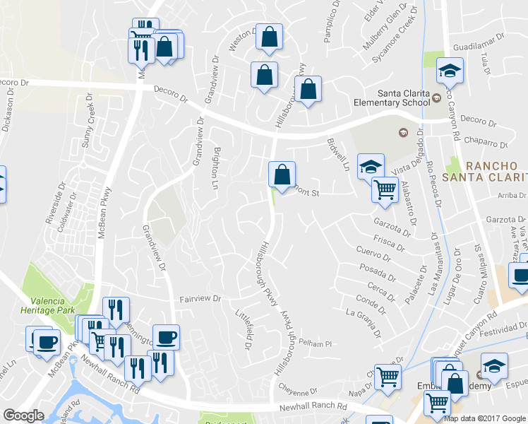map of restaurants, bars, coffee shops, grocery stores, and more near 27217 Branbury Court in Santa Clarita