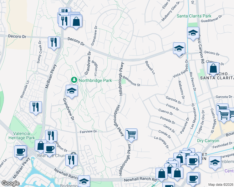 map of restaurants, bars, coffee shops, grocery stores, and more near 27217 Branbury Court in Santa Clarita