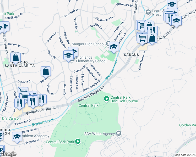 map of restaurants, bars, coffee shops, grocery stores, and more near 27329 Arriola Avenue in Santa Clarita