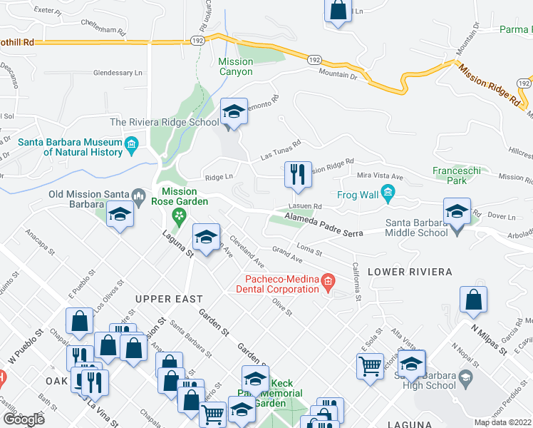 map of restaurants, bars, coffee shops, grocery stores, and more near 1905 Alameda Padre Serra in Santa Barbara