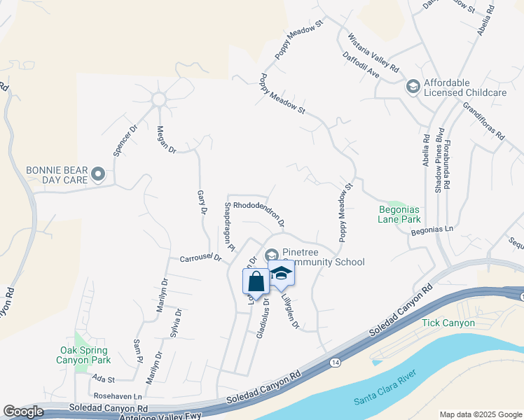 map of restaurants, bars, coffee shops, grocery stores, and more near 15362 Rhododendron Drive in Santa Clarita