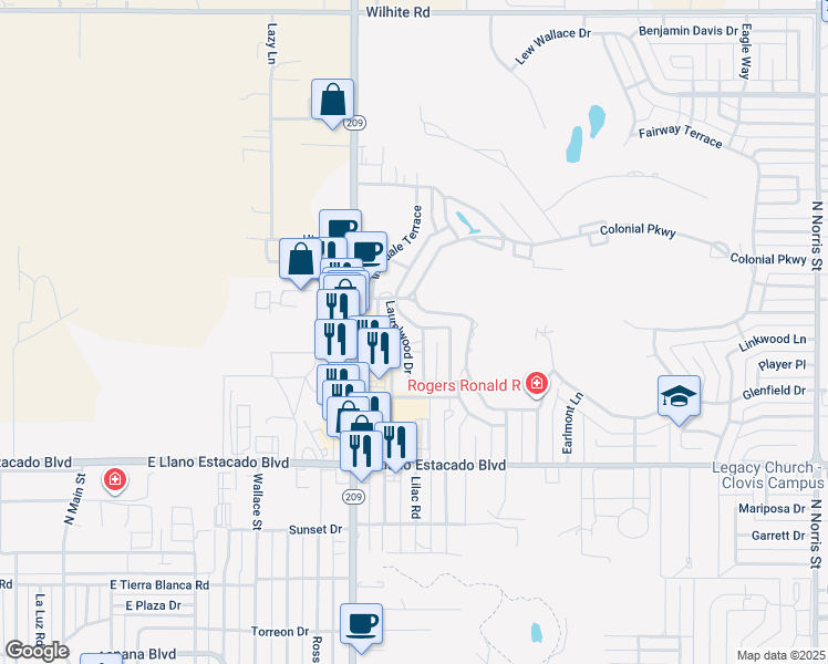 map of restaurants, bars, coffee shops, grocery stores, and more near 1005 Fairway Terrace in Clovis