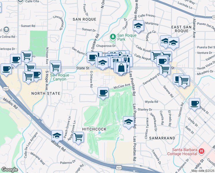 map of restaurants, bars, coffee shops, grocery stores, and more near 42 Broadmoor Plaza in Santa Barbara