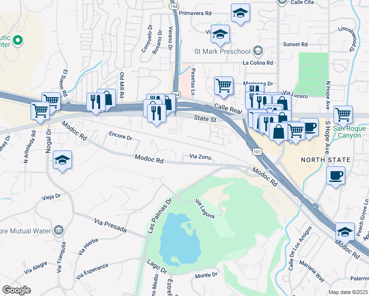 map of restaurants, bars, coffee shops, grocery stores, and more near 4025 State Street in Santa Barbara