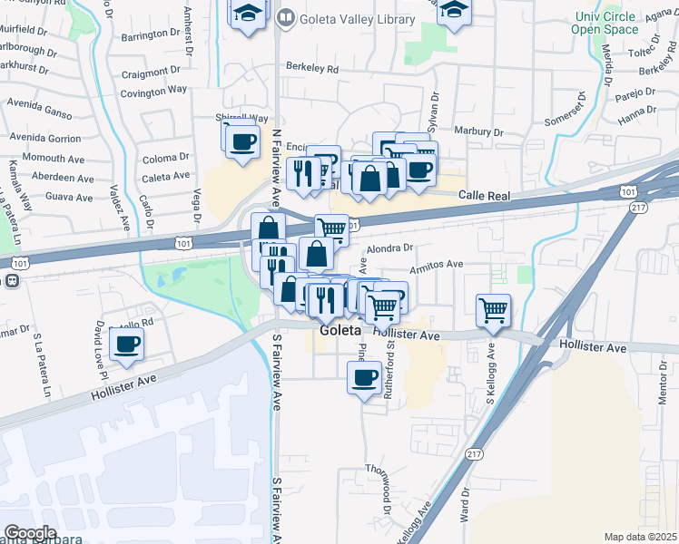 map of restaurants, bars, coffee shops, grocery stores, and more near 36 Magnolia Avenue in Goleta