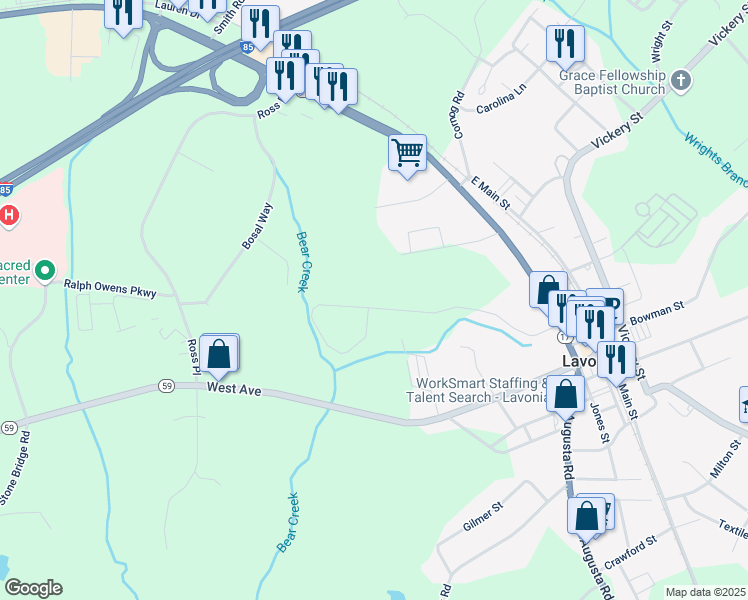 map of restaurants, bars, coffee shops, grocery stores, and more near 510 Brookwood Drive in Lavonia