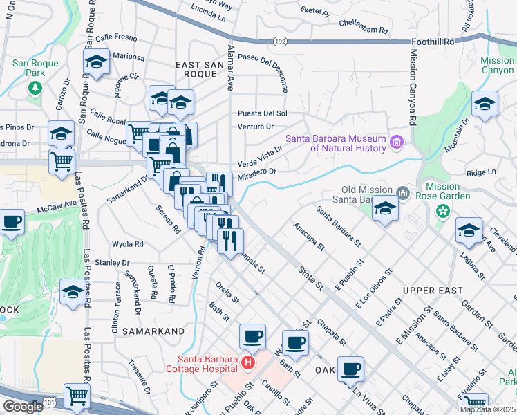 map of restaurants, bars, coffee shops, grocery stores, and more near 2638 State Street in Santa Barbara