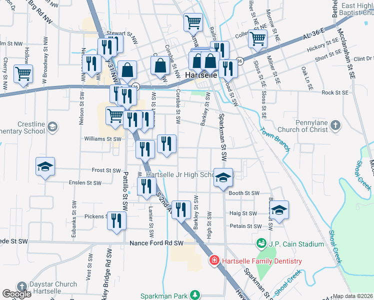 map of restaurants, bars, coffee shops, grocery stores, and more near 417 Pearl Street Southwest in Hartselle
