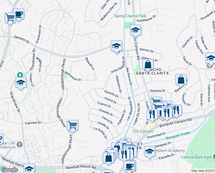 map of restaurants, bars, coffee shops, grocery stores, and more near 23033 Vista Delgado Drive in Santa Clarita