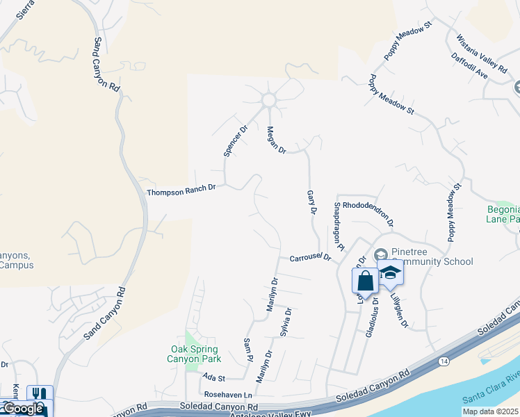 map of restaurants, bars, coffee shops, grocery stores, and more near 29334 Marilyn Drive in Santa Clarita