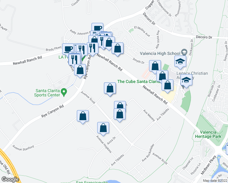 map of restaurants, bars, coffee shops, grocery stores, and more near 25000 Avenue Stanford in Santa Clarita