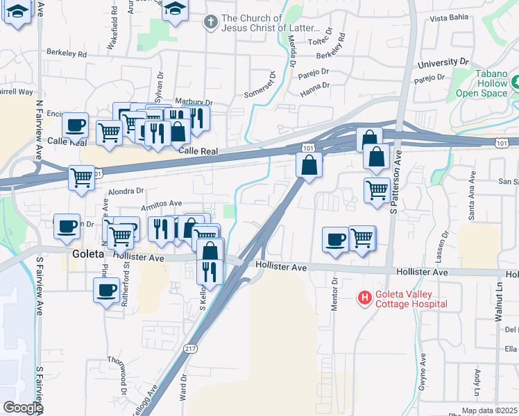 map of restaurants, bars, coffee shops, grocery stores, and more near 119 Armitos Avenue in Goleta