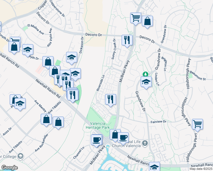 map of restaurants, bars, coffee shops, grocery stores, and more near 27422 Coldwater Drive in Santa Clarita