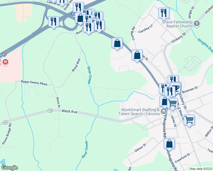 map of restaurants, bars, coffee shops, grocery stores, and more near 510 Brookwood Drive in Lavonia