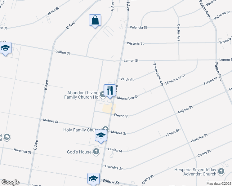 map of restaurants, bars, coffee shops, grocery stores, and more near 10309 I Avenue in Hesperia
