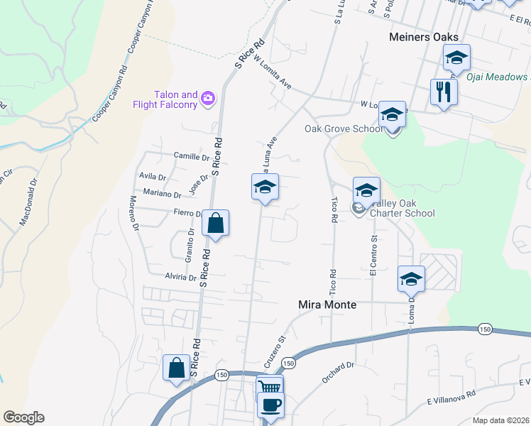 map of restaurants, bars, coffee shops, grocery stores, and more near 885 Oakwood Street in Ojai