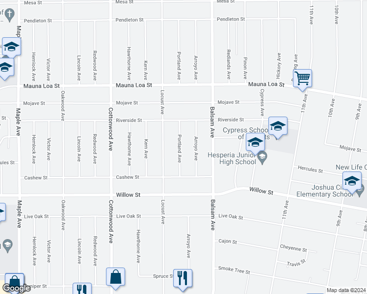 map of restaurants, bars, coffee shops, grocery stores, and more near 10327 Portland Avenue in Hesperia